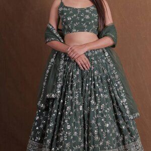 Olive green zari sequin embroidered lehenga choli dress